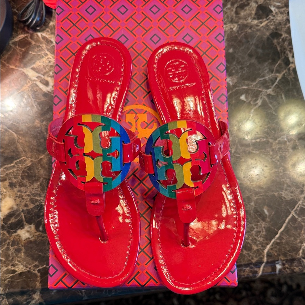 Tory Burch Red Sandals with Colorful Logo. Like new